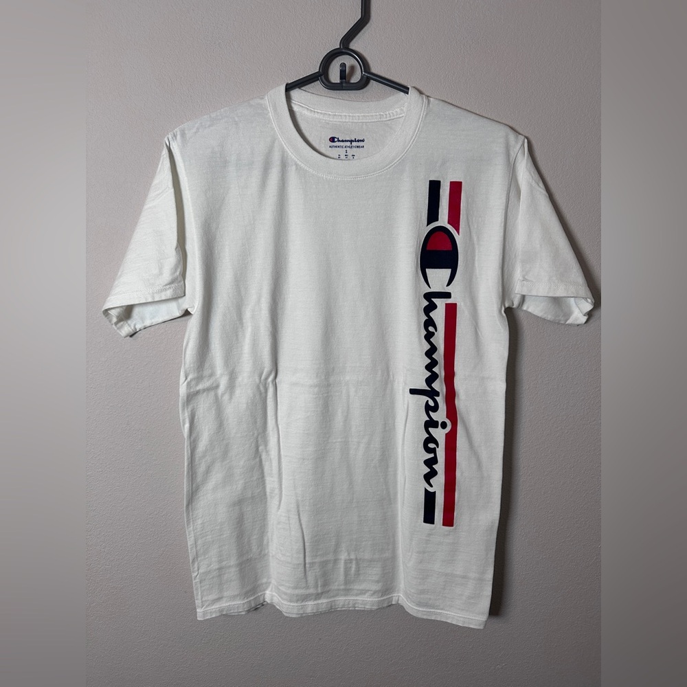 Champion White Tee short sleeve with Vertical Logo red black blue size small